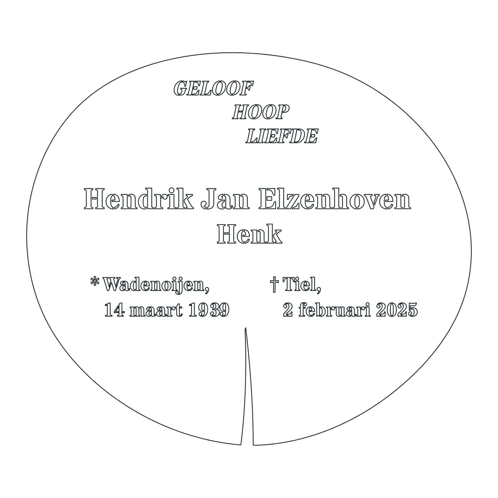 Snijtekening van de gedenkplaat met de buitenrand, de scheur en de tekst in stencilletters