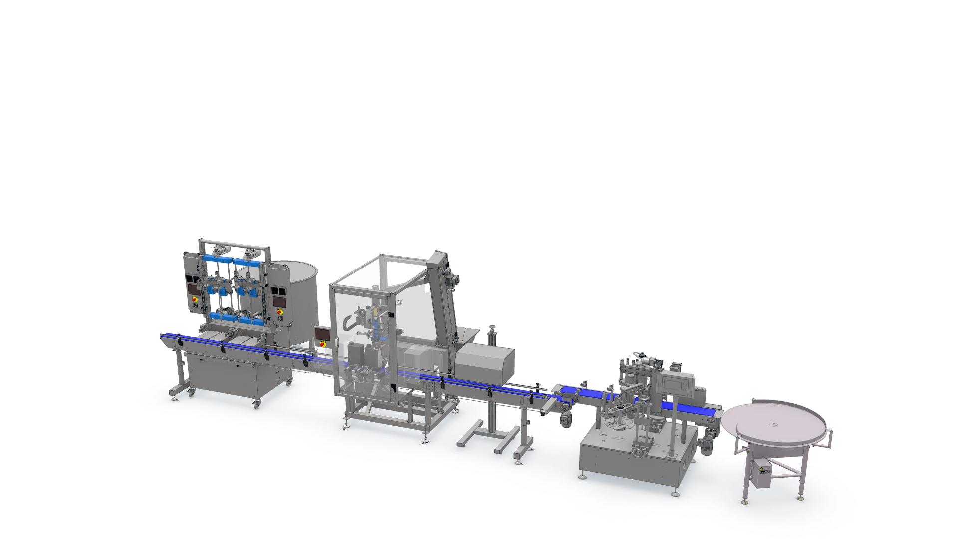 Render van een complete productielijn: vulmachine met tank, sluitmachine, sealer, etiketteermachine en draaitafel